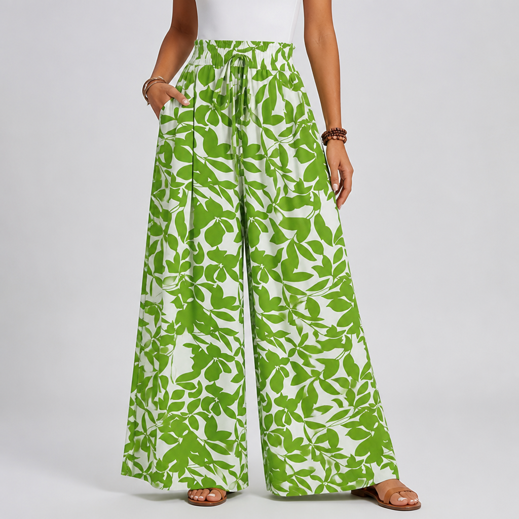 Elastic Waistband Wide-Leg Printed Pants